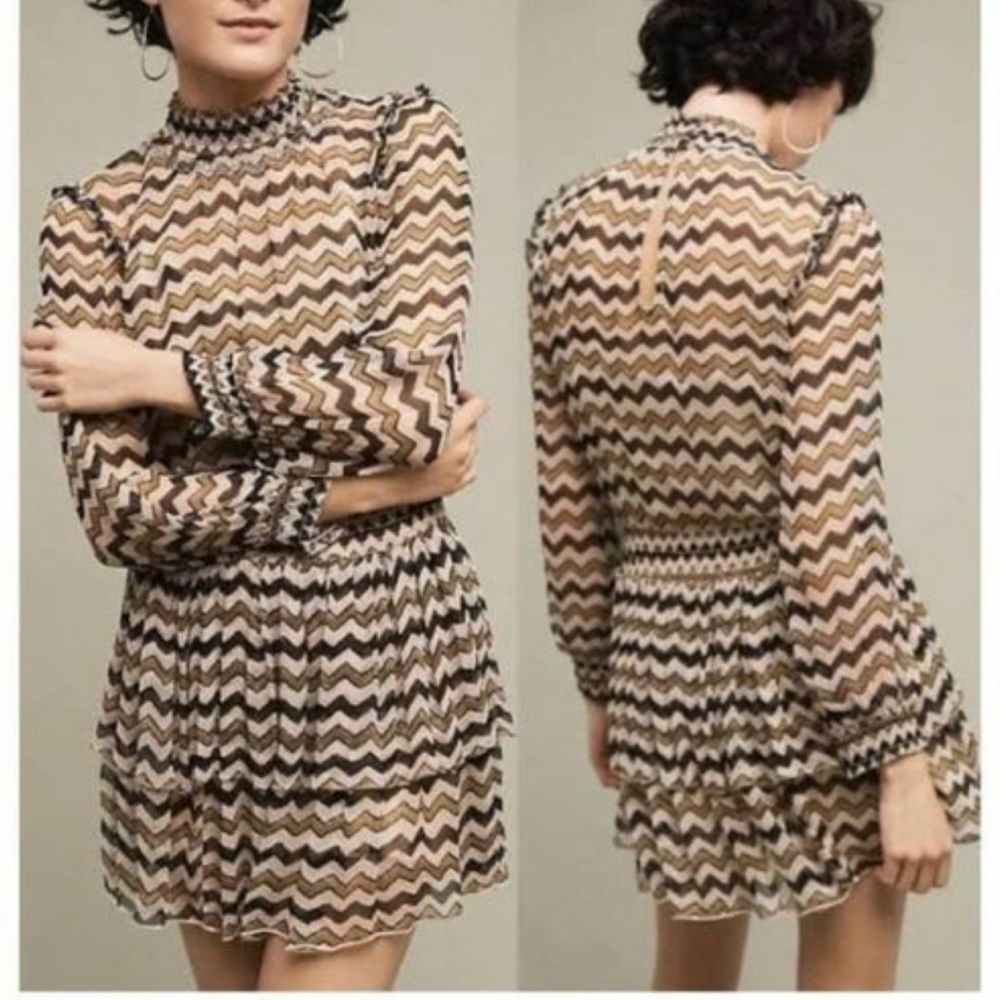 HD In Paris Anthropologie Sierade Zigzag Mini Ruffle Smocked Dress A| US Size 6